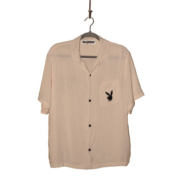 PLAYBOY BY PACSUN $50 Locals Only Relaxed Fit Camp Shirt Off-White‎ Men's Medium - Picture 1 of 5